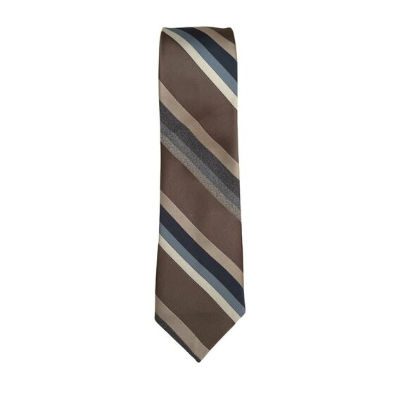 Lilly Dache Vintage Mens Brown Blue Striped Silk Polyester Retro Tie Necktie - Picture 1 of 4